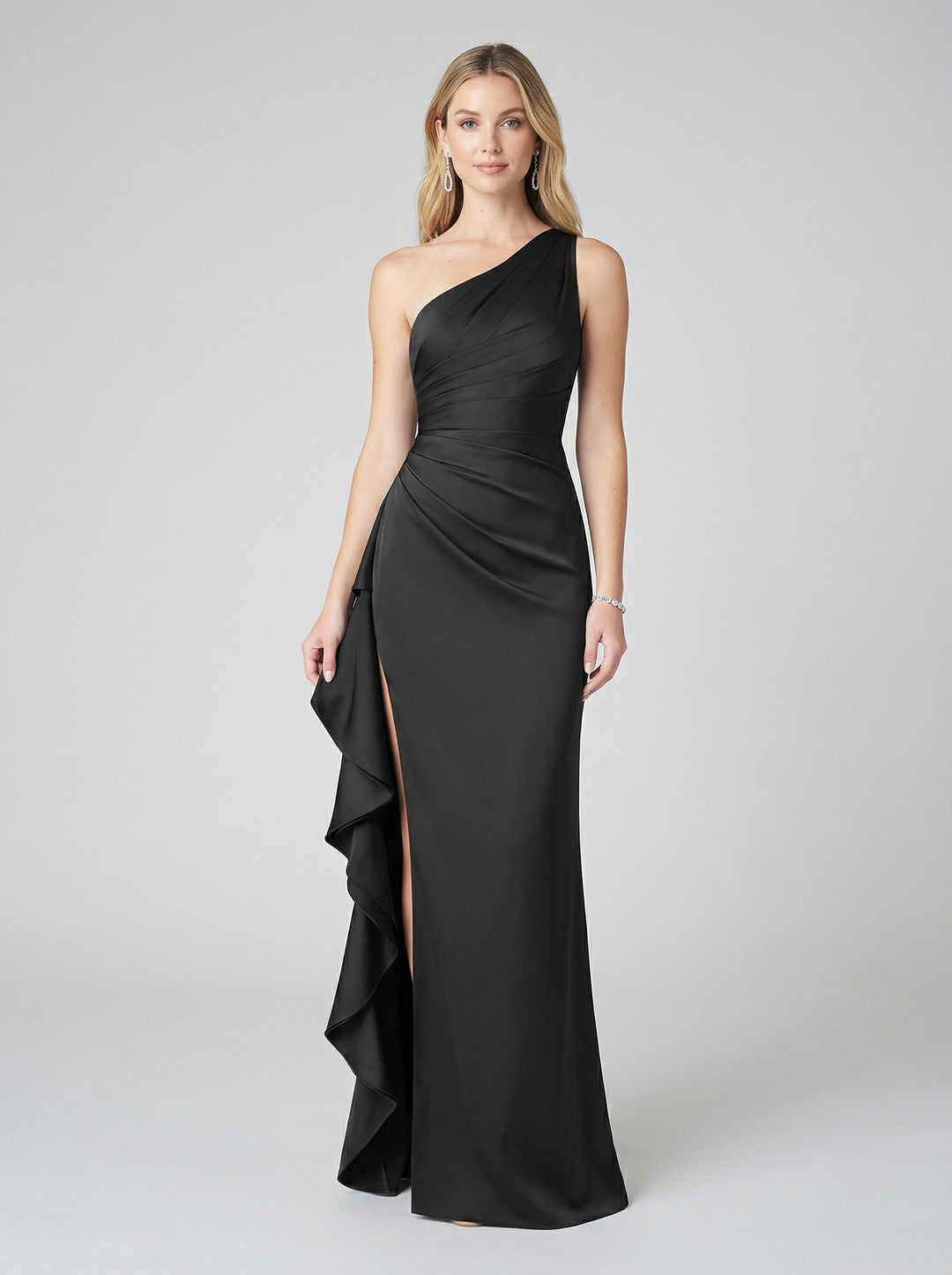 Elegant Black Satin Mermaid One Shoulder Back Zip with Ruffle Ankle-Length Bridesmaid Dress - Curvevia