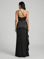 Elegant Black Satin Mermaid One Shoulder Back Zip with Ruffle Ankle-Length Bridesmaid Dress - Curvevia