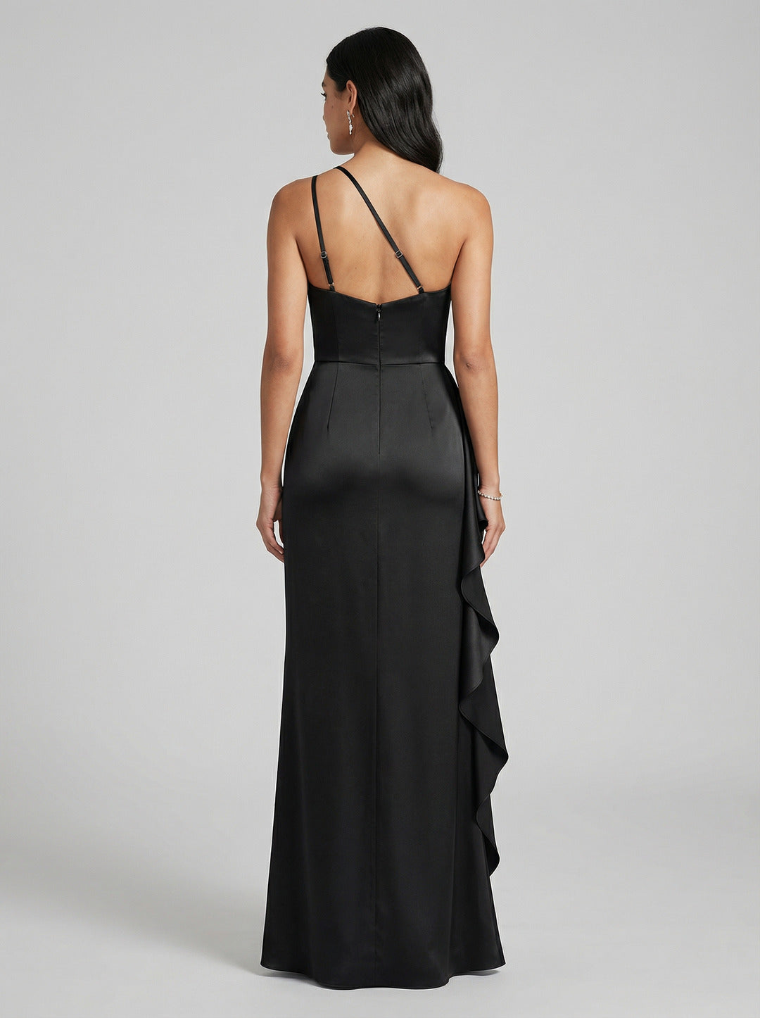 Elegant Black Satin Mermaid One Shoulder Back Zip with Ruffle Ankle-Length Bridesmaid Dress - Curvevia