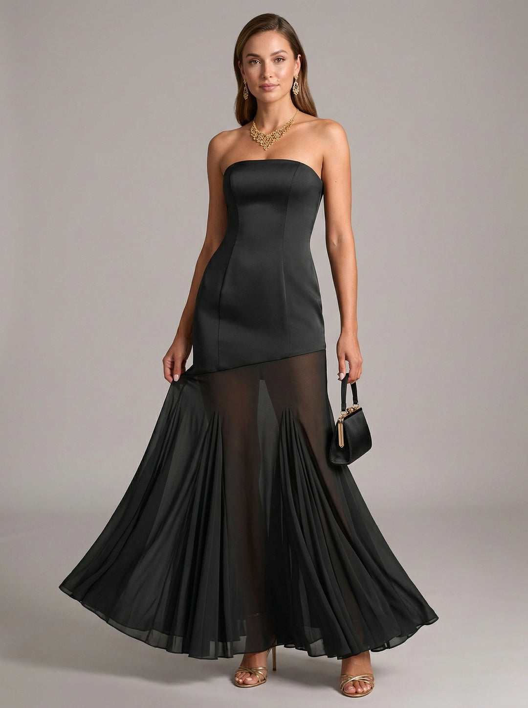 Elegant Black Chiffon mermaid Straight Neck Back Zip Ankle-Length Bridesmaid Dress - Curvevia
