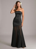 Elegant Black Chiffon mermaid Straight Neck Back Zip Ankle-Length Bridesmaid Dress - Curvevia