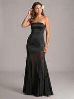Elegant Black Chiffon mermaid Straight Neck Back Zip Ankle-Length Bridesmaid Dress - Curvevia