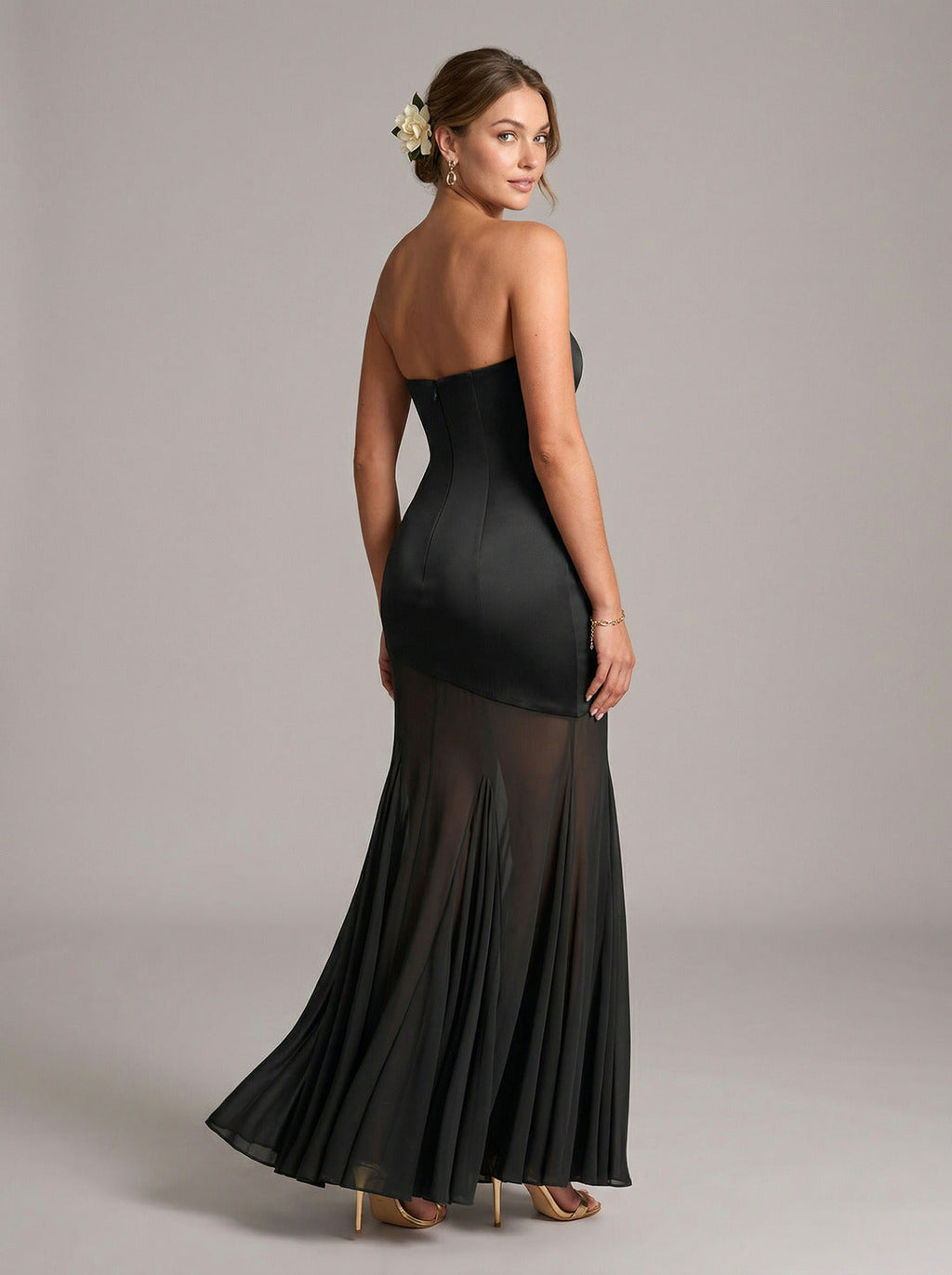 Elegant Black Chiffon mermaid Straight Neck Back Zip Ankle-Length Bridesmaid Dress - Curvevia