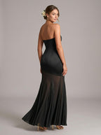 Elegant Black Chiffon mermaid Straight Neck Back Zip Ankle-Length Bridesmaid Dress - Curvevia