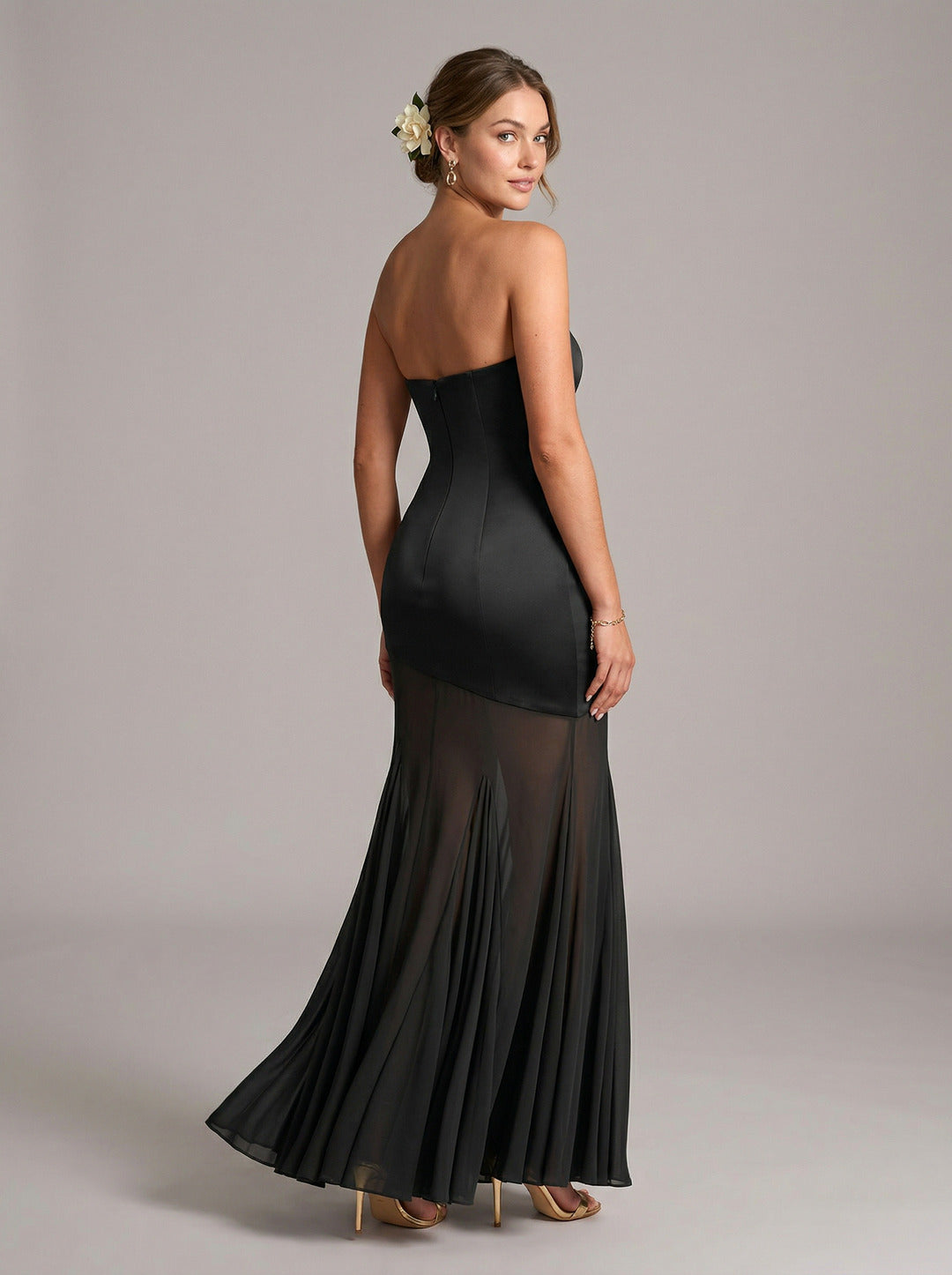 Elegant Black Chiffon mermaid Straight Neck Back Zip Ankle-Length Bridesmaid Dress - Curvevia