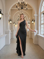 Elegant Black Satin Mermaid One Shoulder Back Zip with Ruffle Ankle-Length Bridesmaid Dress - Curvevia