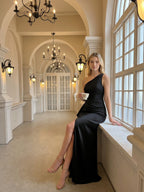 Elegant Black Satin Mermaid One Shoulder Back Zip with Ruffle Ankle-Length Bridesmaid Dress - Curvevia