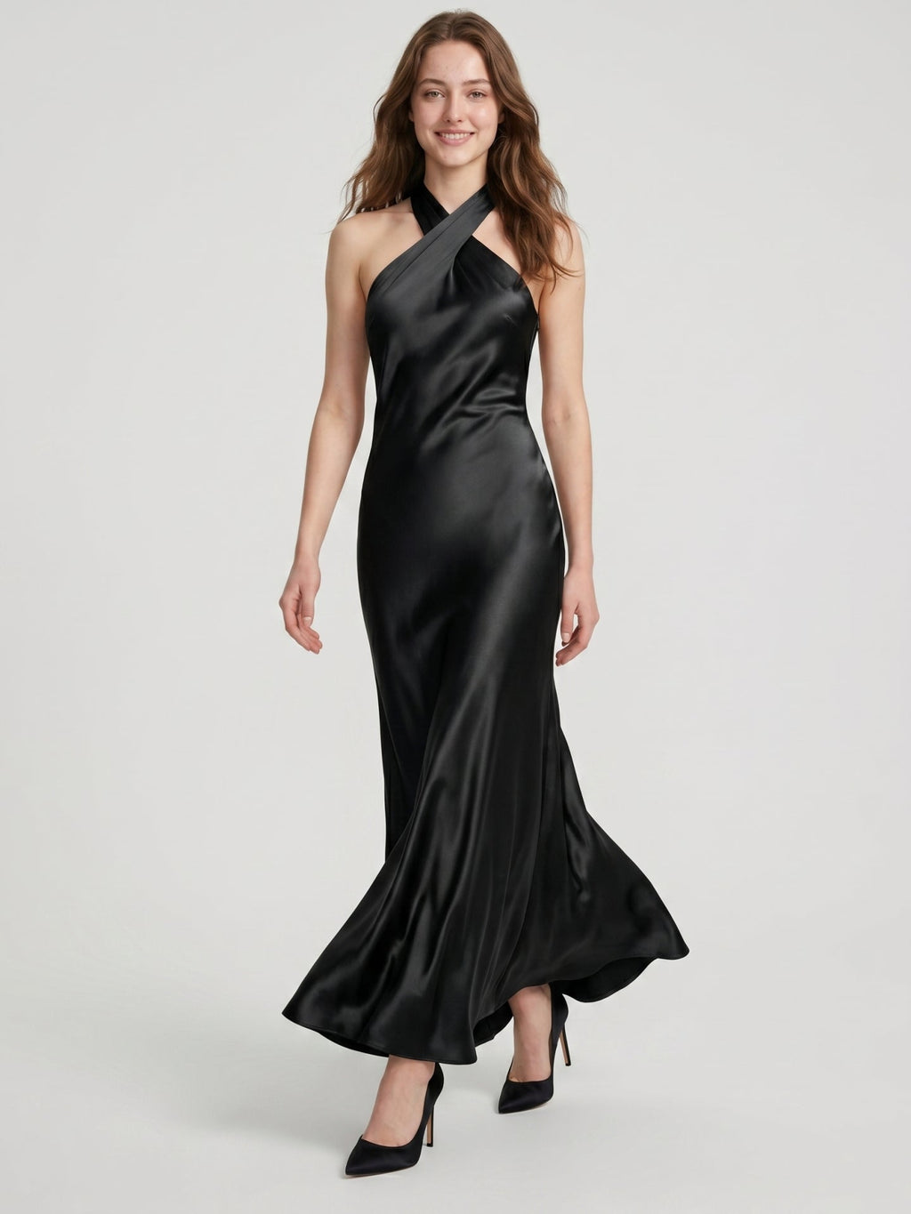 Elegant Black Satin Trumpet Halter neckline Side Zip Ankle-Length Bridesmaid Dress - Curvevia