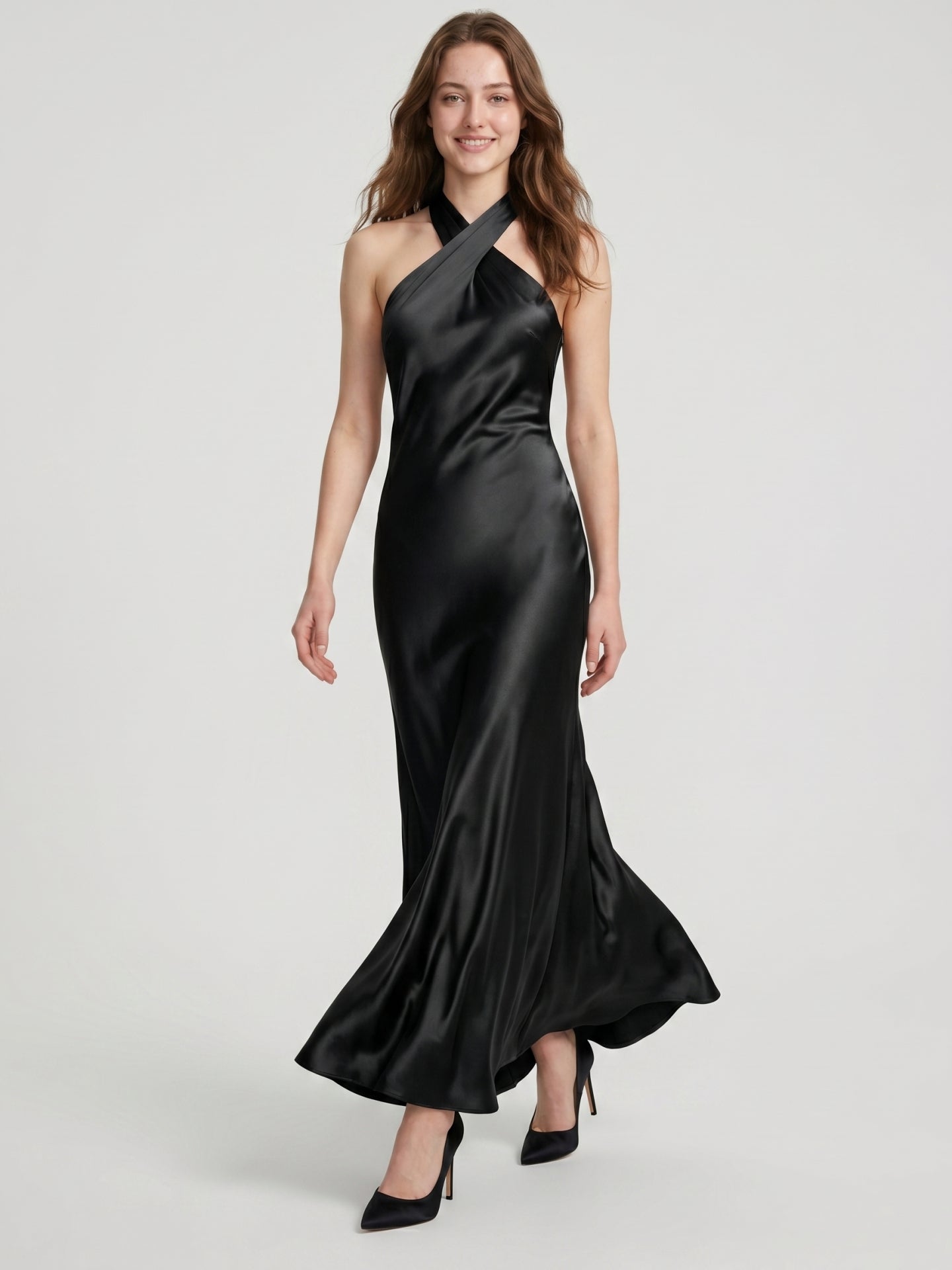 Elegant Black Satin Trumpet Halter neckline Side Zip Ankle-Length Bridesmaid Dress - Curvevia