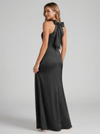 Elegant Black Satin Trumpet Halter neckline Side Zip Ankle-Length Bridesmaid Dress - Curvevia