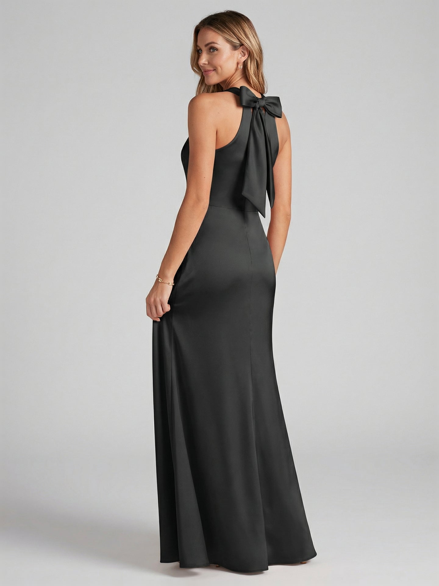 Elegant Black Satin Trumpet Halter neckline Side Zip Ankle-Length Bridesmaid Dress - Curvevia