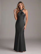 Elegant Black Satin Trumpet Halter neckline Side Zip Ankle-Length Bridesmaid Dress - Curvevia
