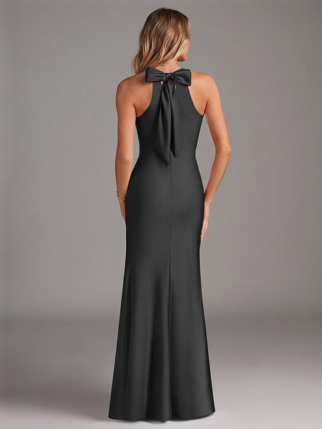 Elegant Black Satin Trumpet Halter neckline Side Zip Ankle-Length Bridesmaid Dress - Curvevia