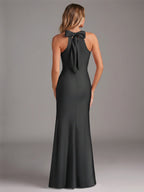 Elegant Black Satin Trumpet Halter neckline Side Zip Ankle-Length Bridesmaid Dress - Curvevia