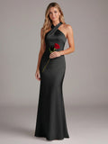 Elegant Black Satin Trumpet Halter neckline Side Zip Ankle-Length Bridesmaid Dress - Curvevia