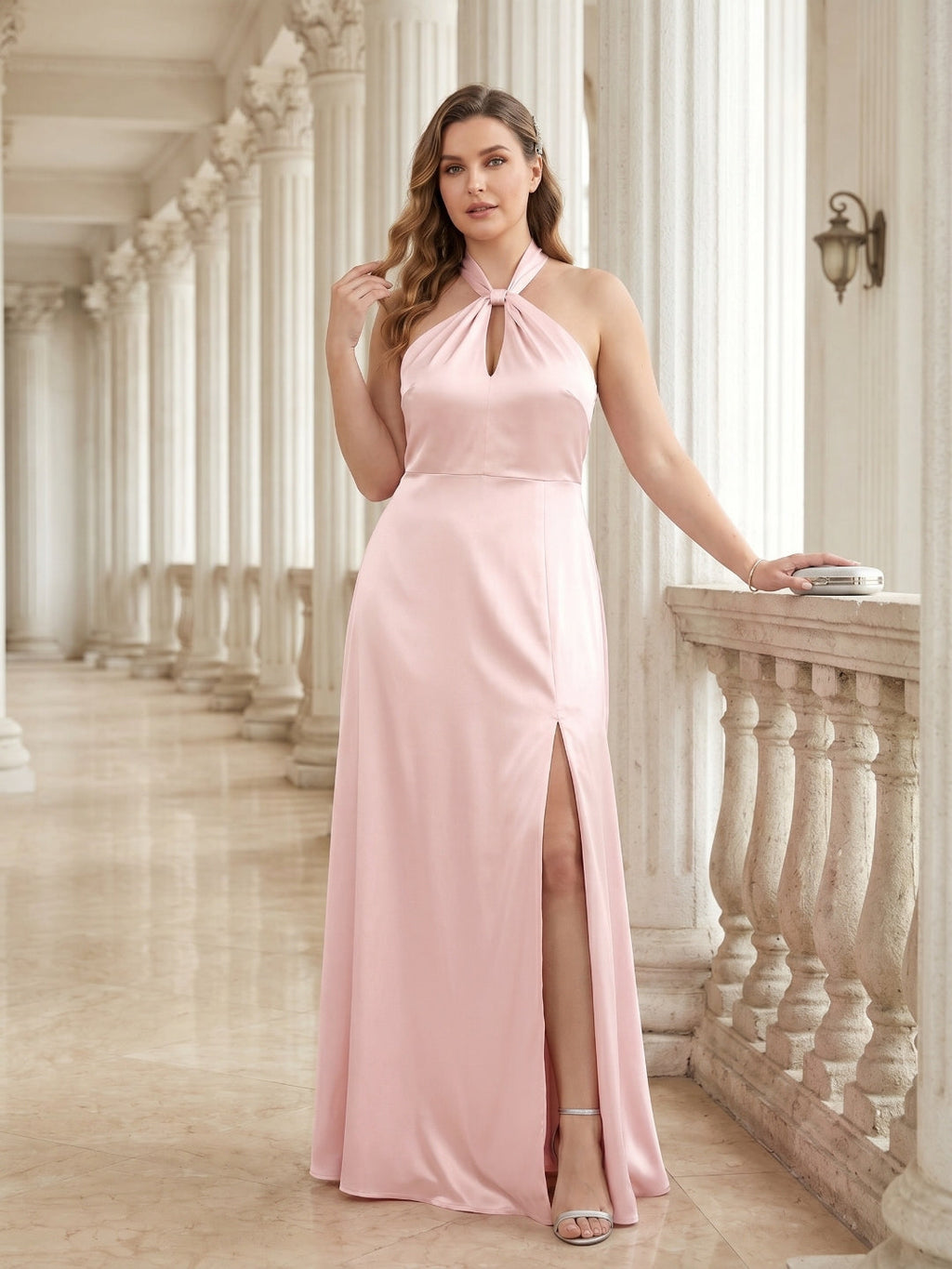 Elegant Blushing Pink Satin A-Line Halter neckline Backless Ankle-Length Plus Size Bridesmaid Dress - Curvevia