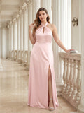 Elegant Blushing Pink Satin A-Line Halter neckline Backless Ankle-Length Plus Size Bridesmaid Dress - Curvevia