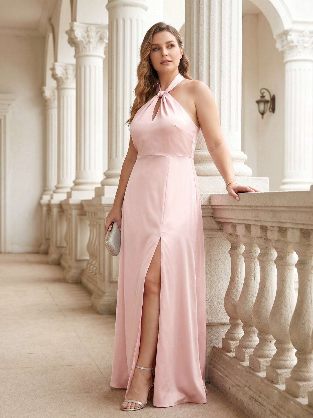 Elegant Blushing Pink Satin A-Line Halter neckline Backless Ankle-Length Plus Size Bridesmaid Dress - Curvevia