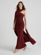 Elegant Burgundy Stretch Knit column One Shoulder Ankle-Length Bridesmaid Dress - Curvevia