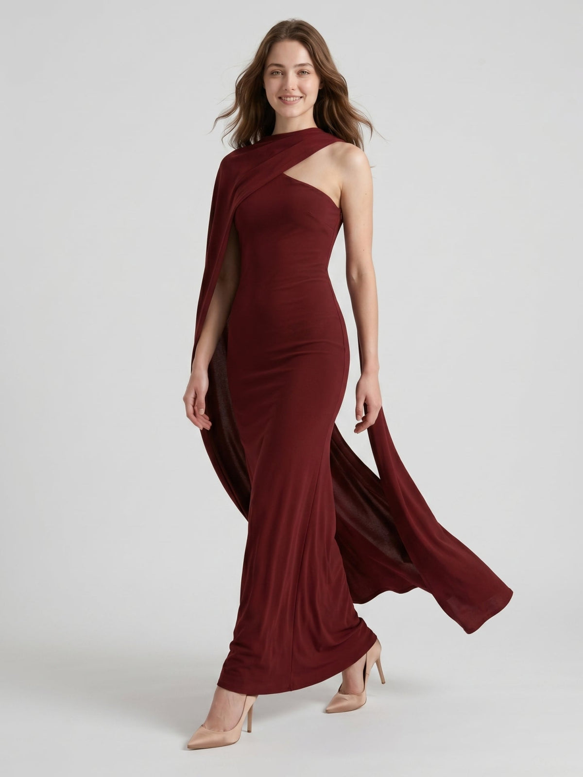 Elegant Burgundy Stretch Knit column One Shoulder Ankle-Length Bridesmaid Dress - Curvevia