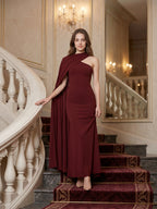 Elegant Burgundy Stretch Knit column One Shoulder Ankle-Length Bridesmaid Dress - Curvevia