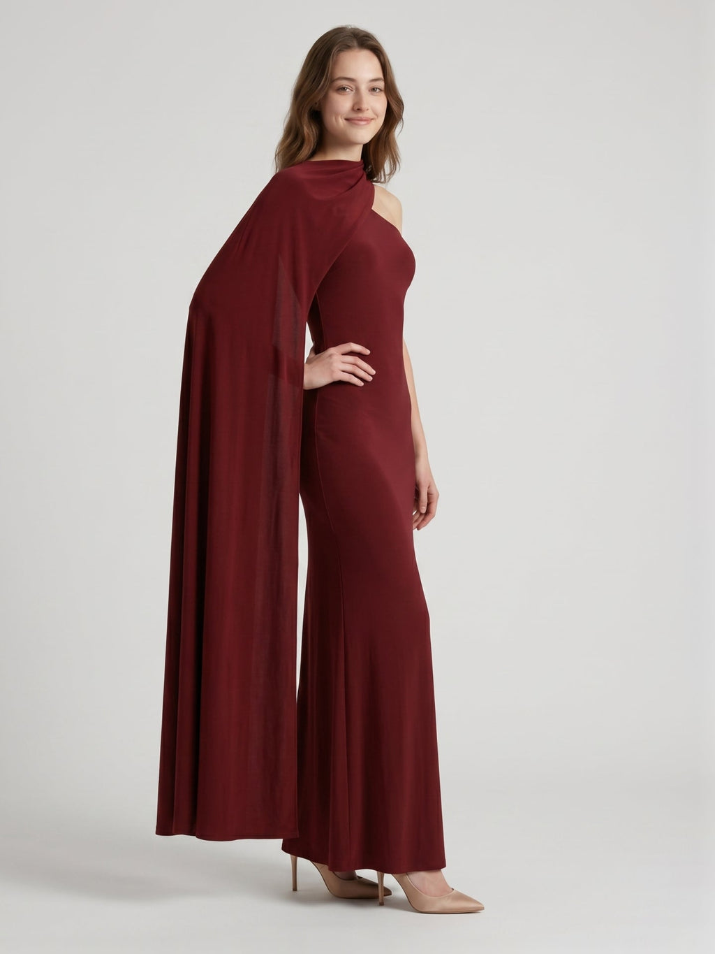 Elegant Burgundy Stretch Knit column One Shoulder Ankle-Length Bridesmaid Dress - Curvevia