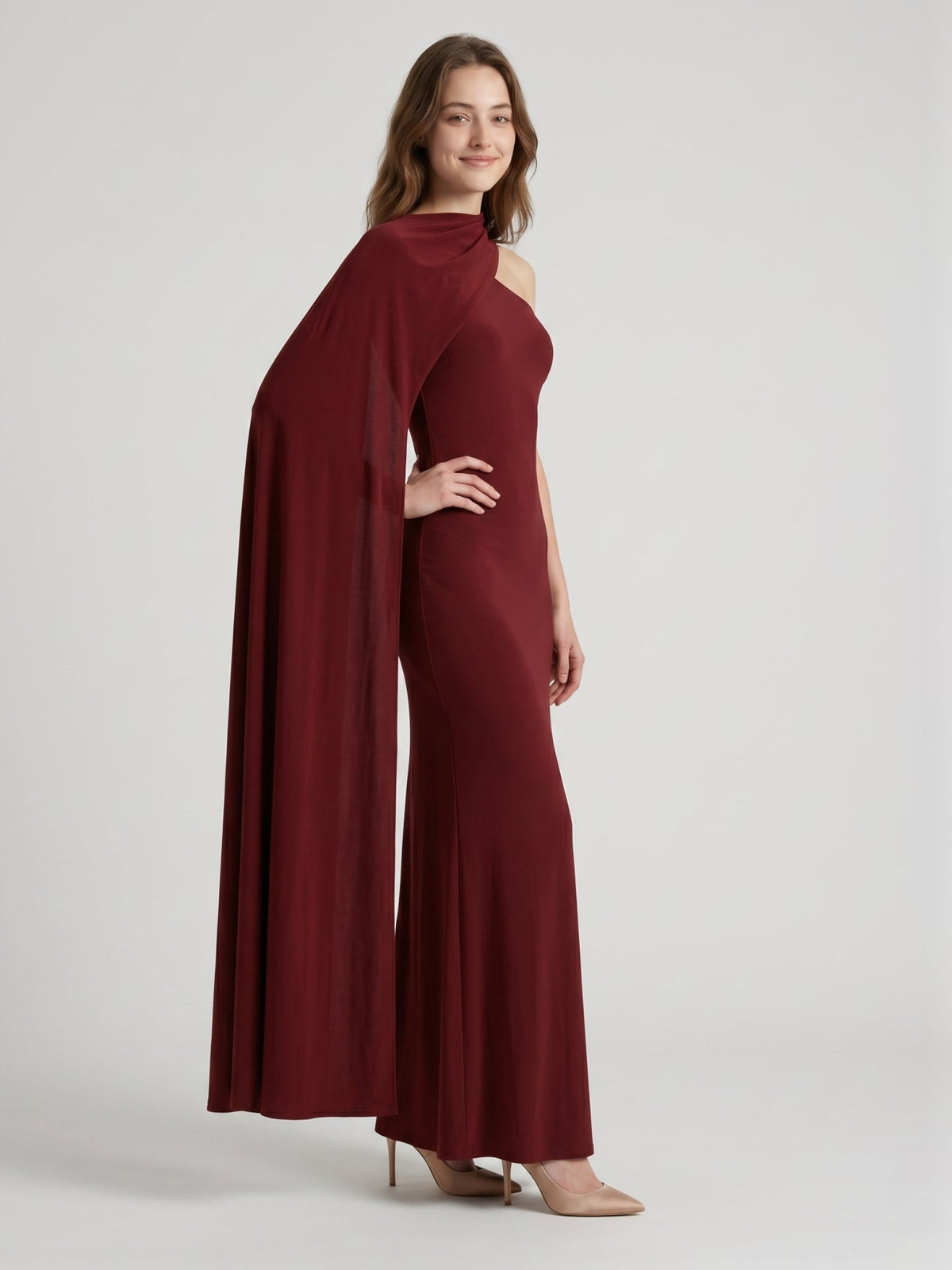 Elegant Burgundy Stretch Knit column One Shoulder Ankle-Length Bridesmaid Dress - Curvevia