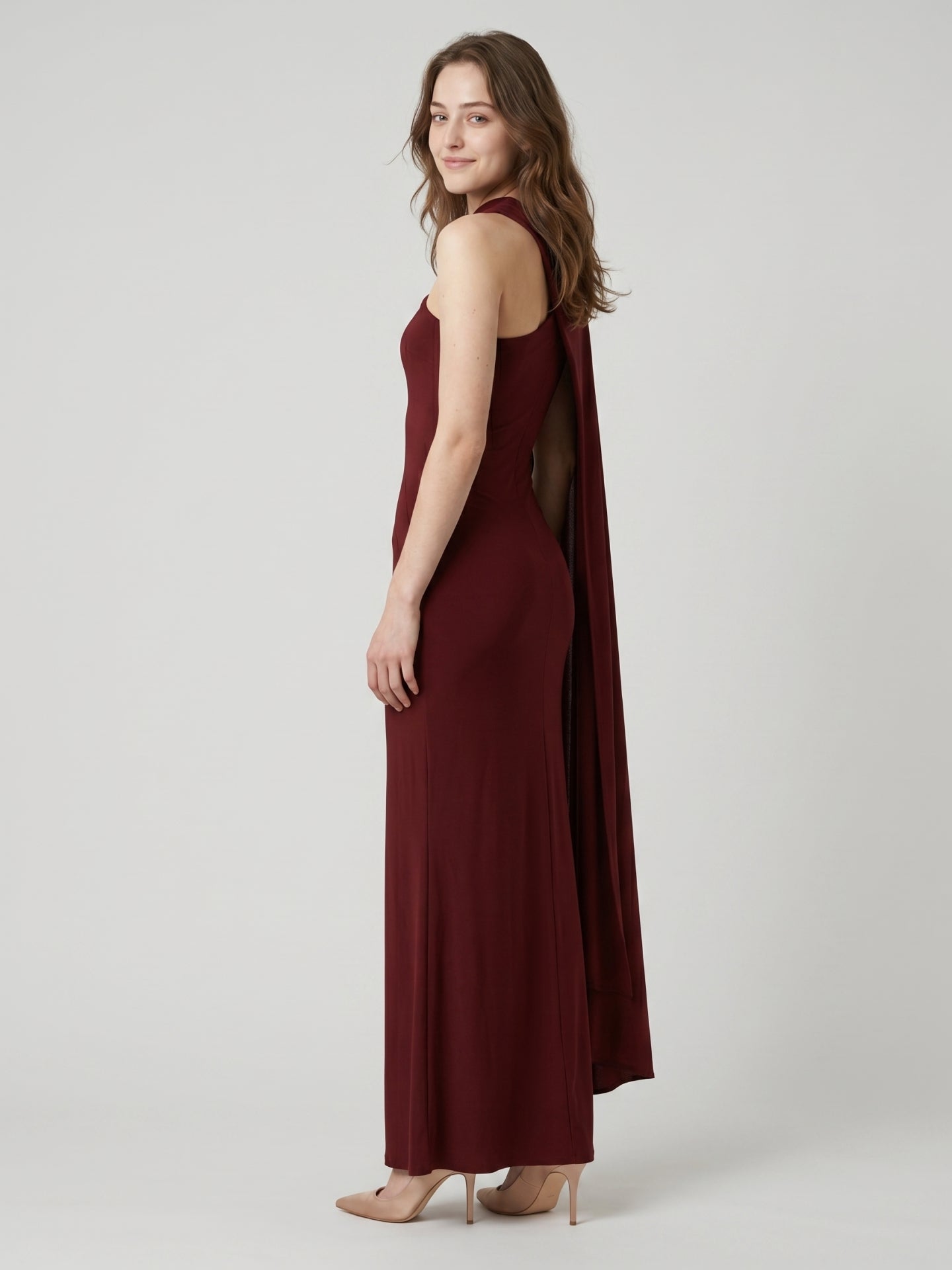 Elegant Burgundy Stretch Knit column One Shoulder Ankle-Length Bridesmaid Dress - Curvevia