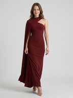 Elegant Burgundy Stretch Knit column One Shoulder Ankle-Length Bridesmaid Dress - Curvevia
