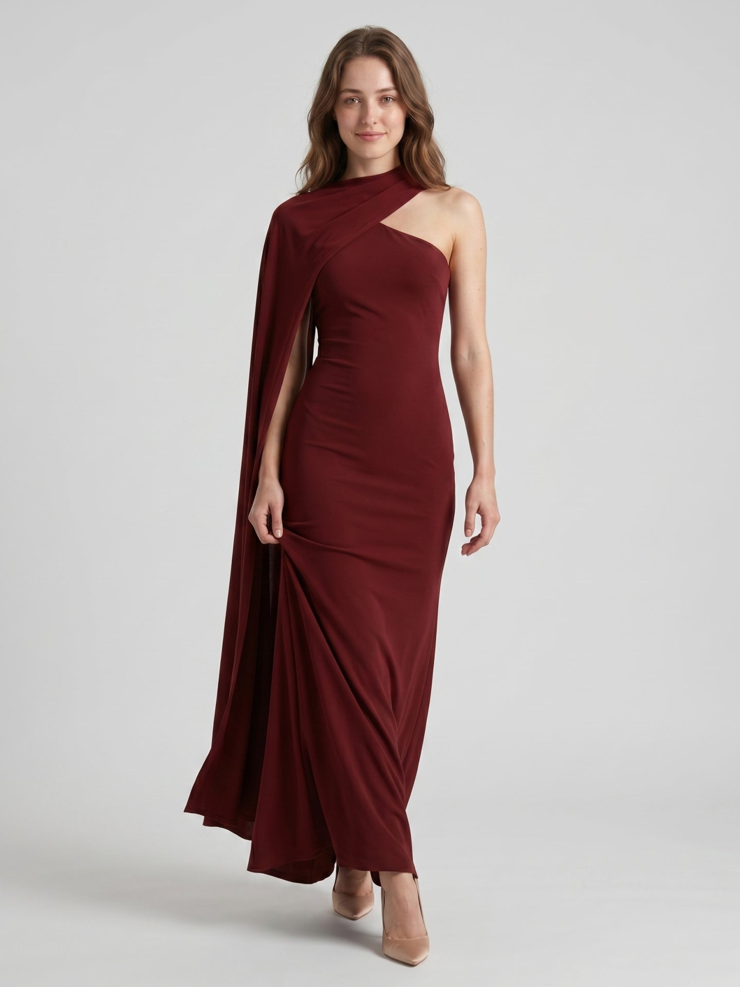 Elegant Burgundy Stretch Knit column One Shoulder Ankle-Length Bridesmaid Dress - Curvevia