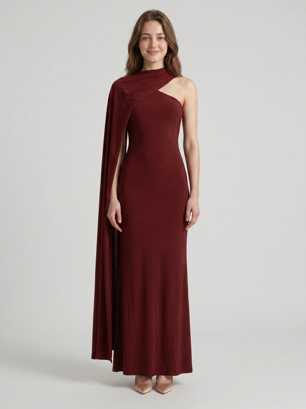 Elegant Burgundy Stretch Knit column One Shoulder Ankle-Length Bridesmaid Dress - Curvevia