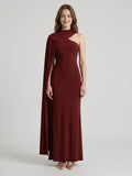 Elegant Burgundy Stretch Knit column One Shoulder Ankle-Length Bridesmaid Dress - Curvevia