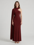 Elegant Burgundy Stretch Knit column One Shoulder Ankle-Length Bridesmaid Dress - Curvevia