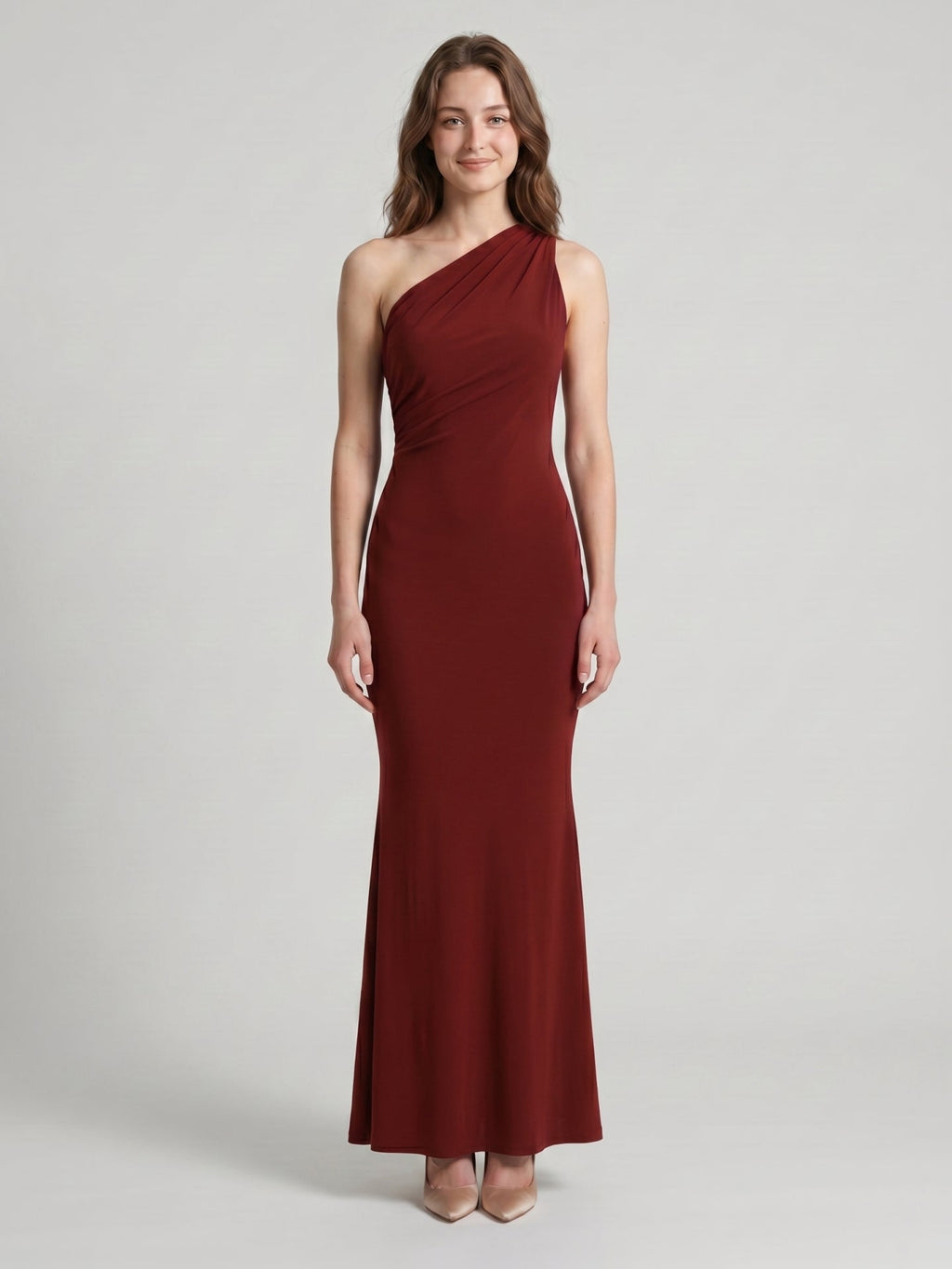 Elegant Burgundy Stretch Knit mermaid One Shoulder Backless Ankle-Length Bridesmaid Dress - Curvevia