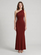 Elegant Burgundy Stretch Knit mermaid One Shoulder Backless Ankle-Length Bridesmaid Dress - Curvevia