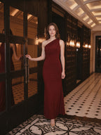 Elegant Burgundy Stretch Knit mermaid One Shoulder Backless Ankle-Length Bridesmaid Dress - Curvevia