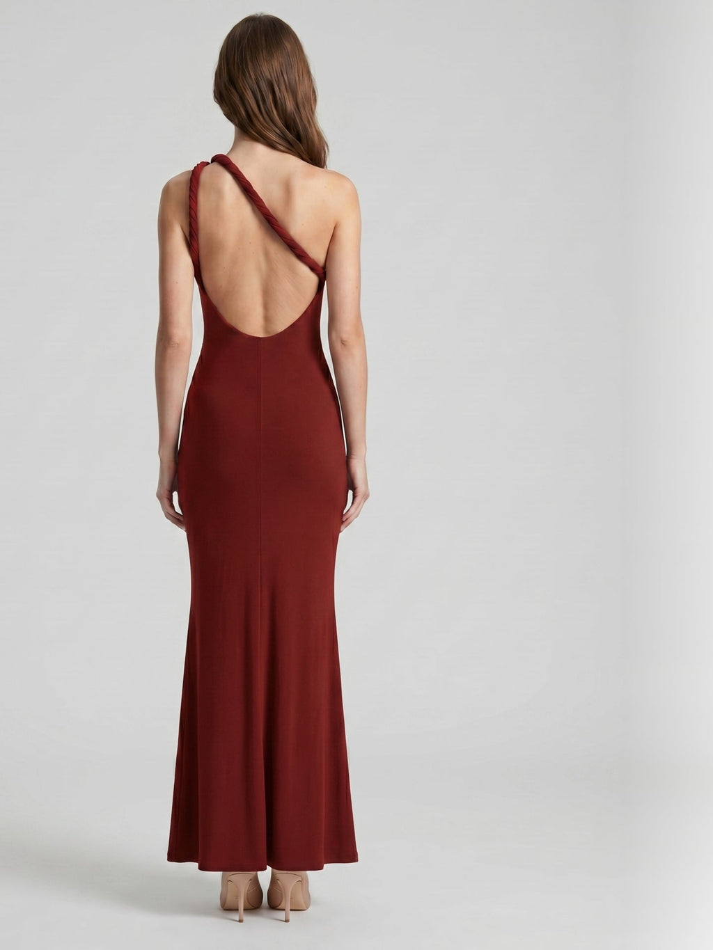 Elegant Burgundy Stretch Knit mermaid One Shoulder Backless Ankle-Length Bridesmaid Dress - Curvevia