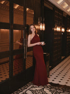 Elegant Burgundy Stretch Knit mermaid One Shoulder Backless Ankle-Length Bridesmaid Dress - Curvevia