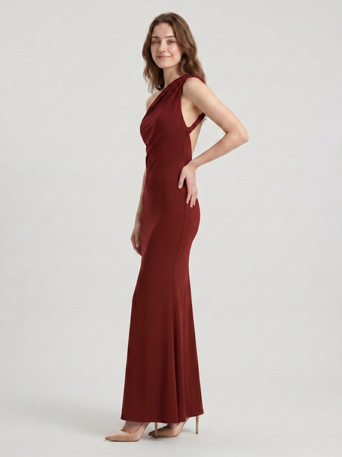 Elegant Burgundy Stretch Knit mermaid One Shoulder Backless Ankle-Length Bridesmaid Dress - Curvevia