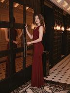 Elegant Burgundy Stretch Knit mermaid One Shoulder Backless Ankle-Length Bridesmaid Dress - Curvevia