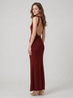 Elegant Burgundy Stretch Knit mermaid One Shoulder Backless Ankle-Length Bridesmaid Dress - Curvevia