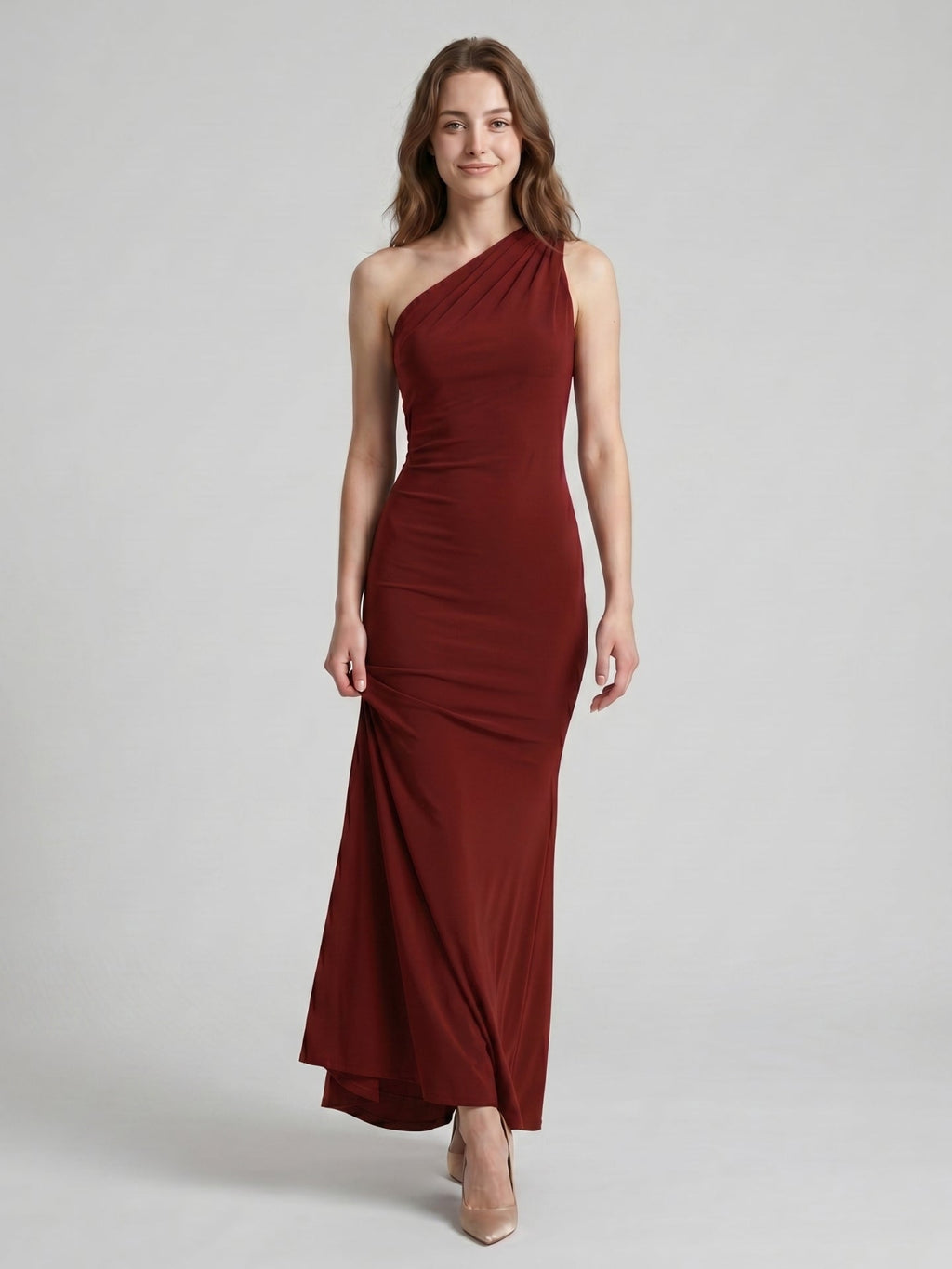 Elegant Burgundy Stretch Knit mermaid One Shoulder Backless Ankle-Length Bridesmaid Dress - Curvevia