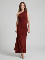 Elegant Burgundy Stretch Knit mermaid One Shoulder Backless Ankle-Length Bridesmaid Dress - Curvevia