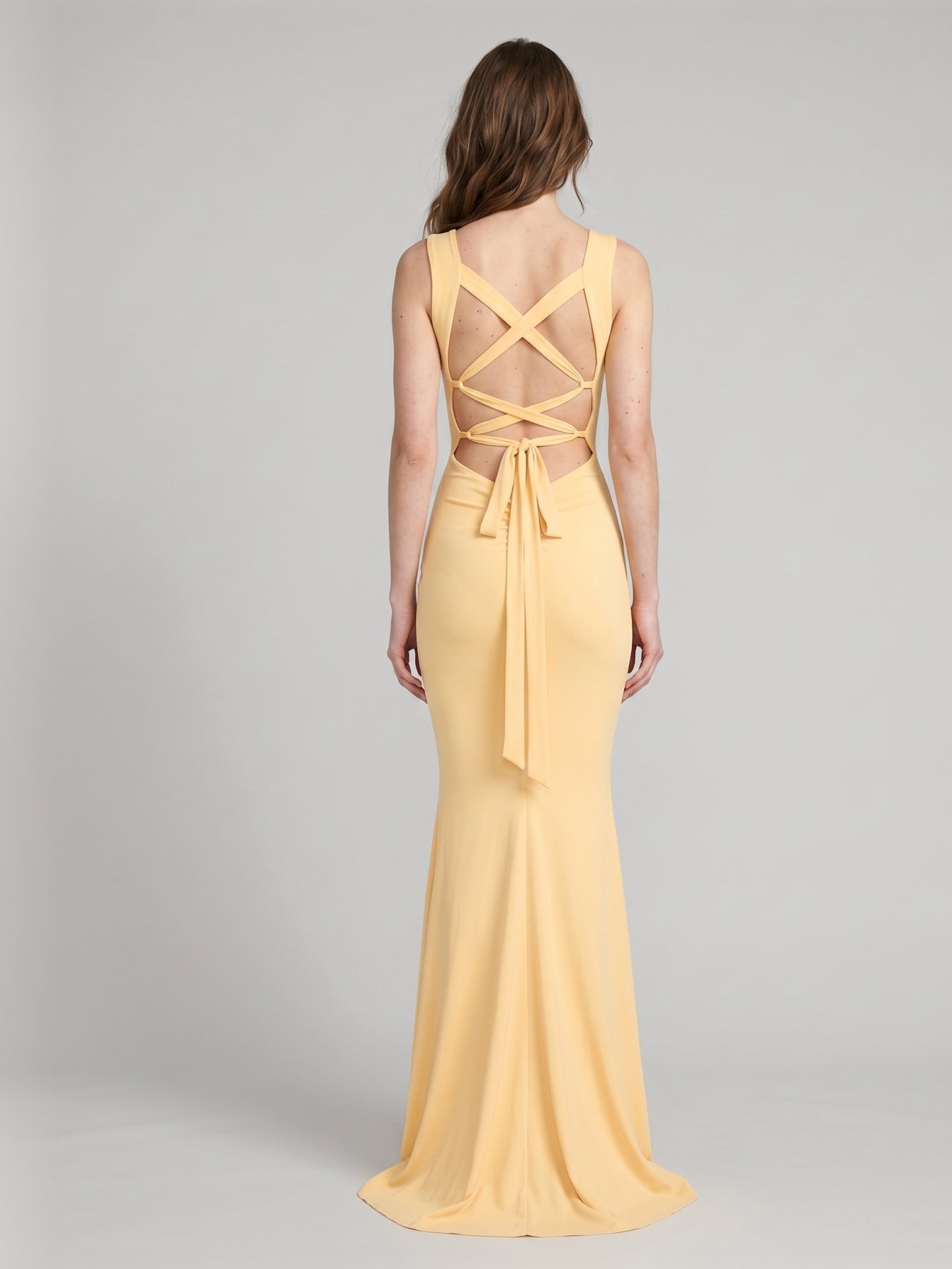 Elegant Butter Stretch Knit mermaid Square Neck Criss-Cross Straps Ankle-Length Bridesmaid Dress - Curvevia