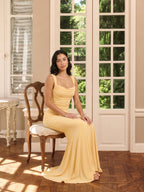 Elegant Butter Stretch Knit mermaid Square Neck Criss-Cross Straps Ankle-Length Bridesmaid Dress - Curvevia
