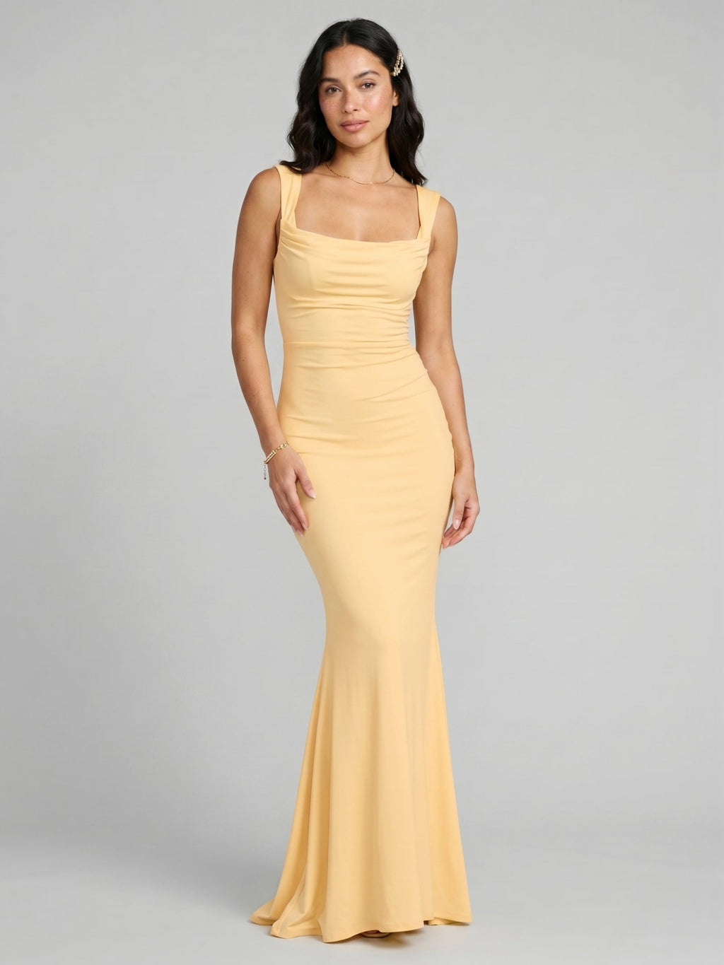 Elegant Butter Stretch Knit mermaid Square Neck Criss-Cross Straps Ankle-Length Bridesmaid Dress - Curvevia