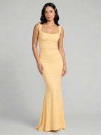 Elegant Butter Stretch Knit mermaid Square Neck Criss-Cross Straps Ankle-Length Bridesmaid Dress - Curvevia