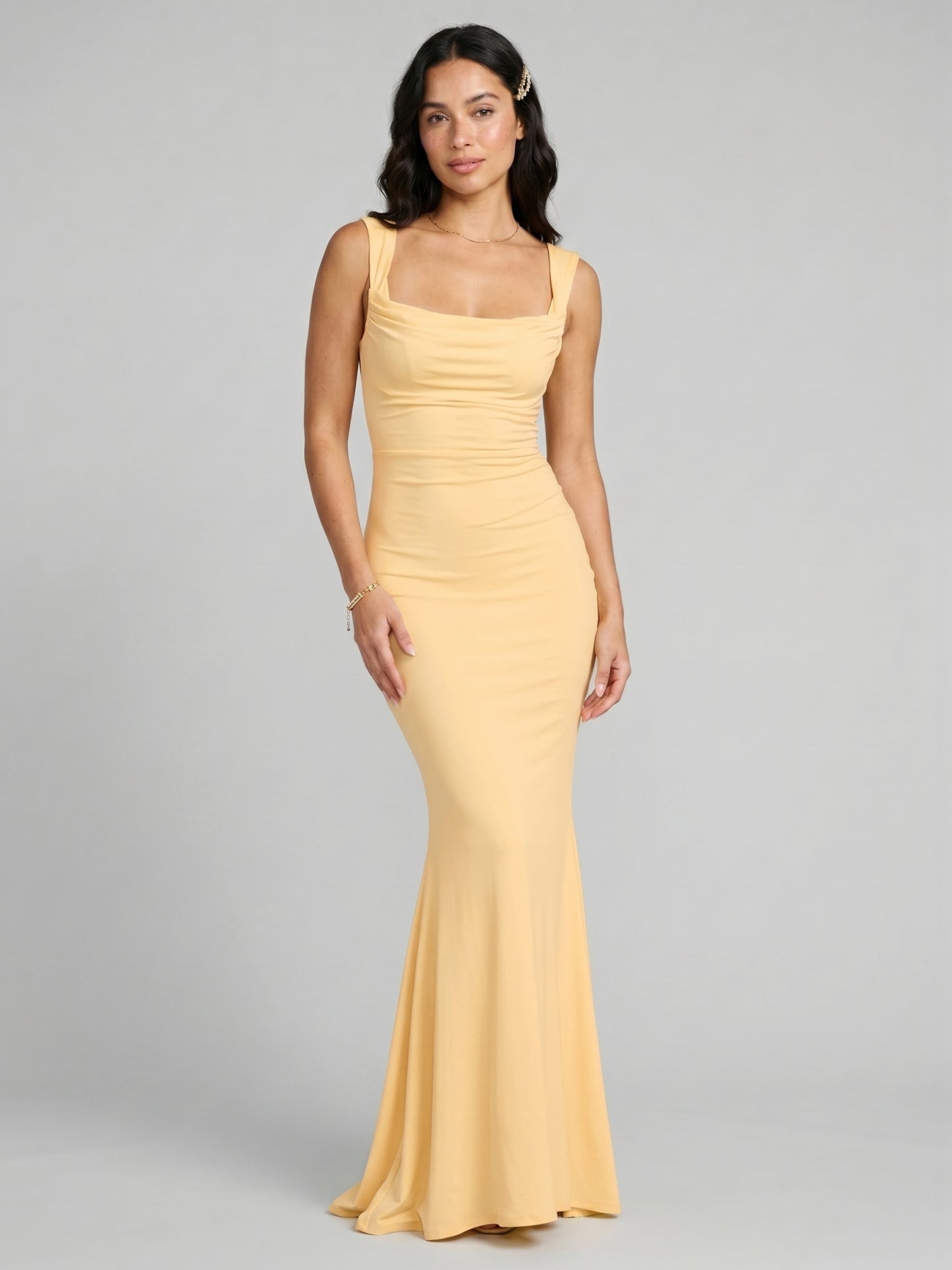 Elegant Butter Stretch Knit mermaid Square Neck Criss-Cross Straps Ankle-Length Bridesmaid Dress - Curvevia