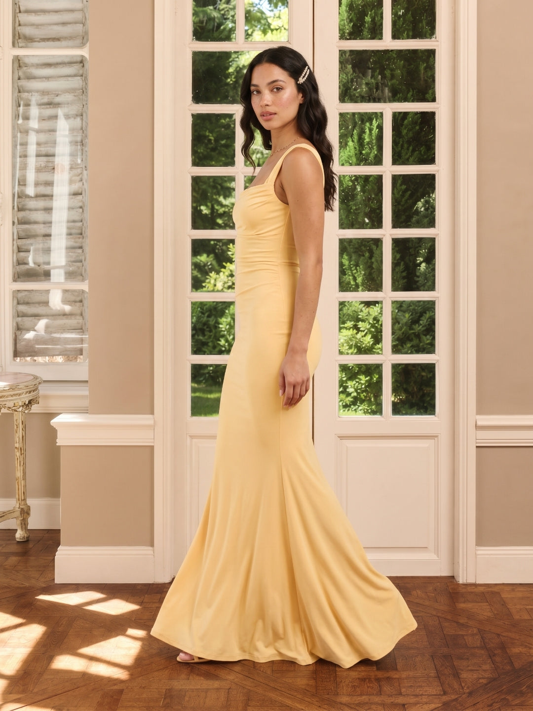 Elegant Butter Stretch Knit mermaid Square Neck Criss-Cross Straps Ankle-Length Bridesmaid Dress - Curvevia