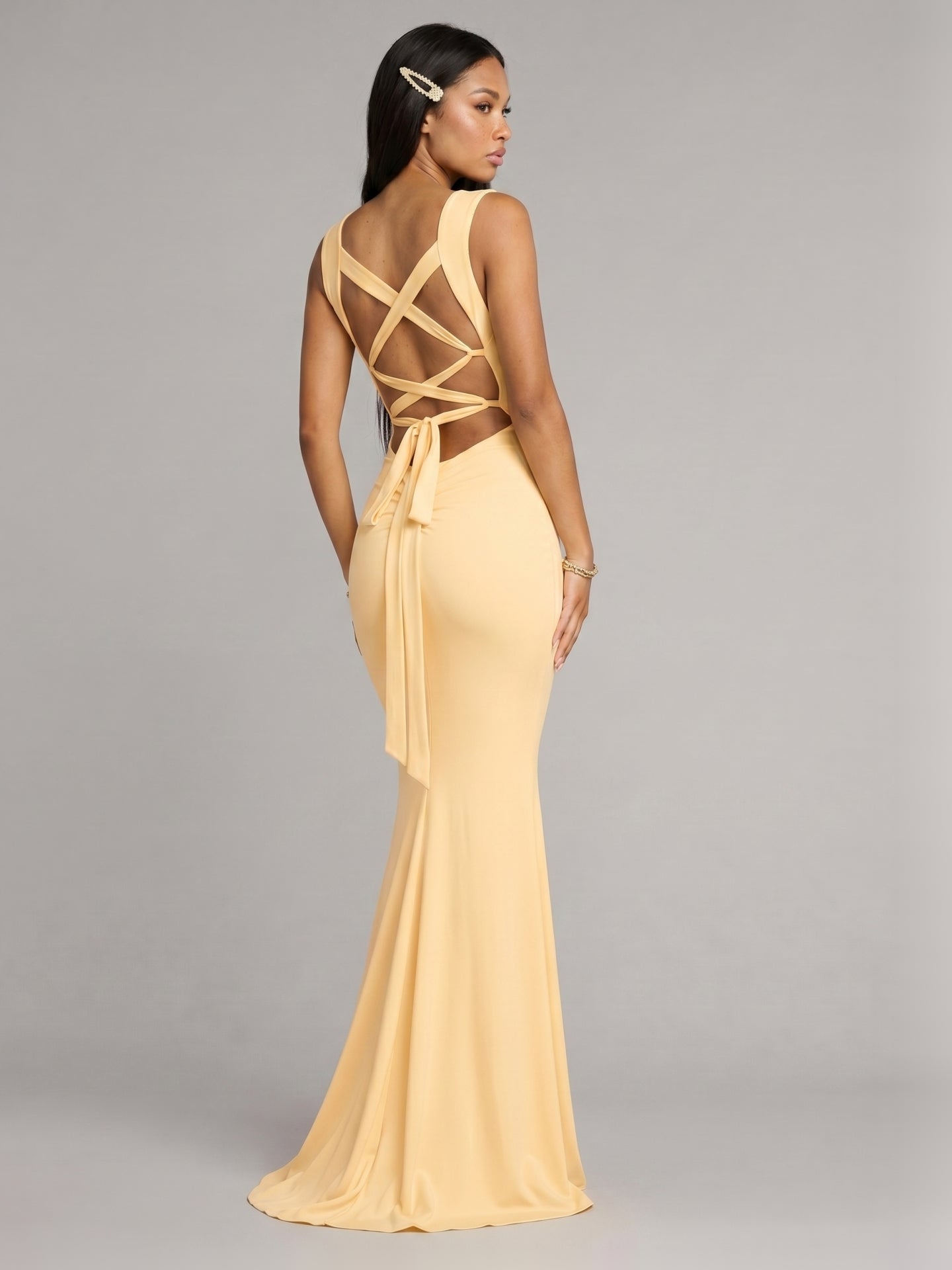 Elegant Butter Stretch Knit mermaid Square Neck Criss-Cross Straps Ankle-Length Bridesmaid Dress - Curvevia